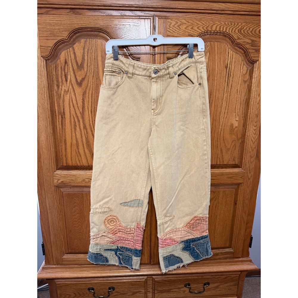 Free People We The Free Golden Vibes Jeans Embroidered Wide Leg Crop 30 Boho - Picture 8 of 10